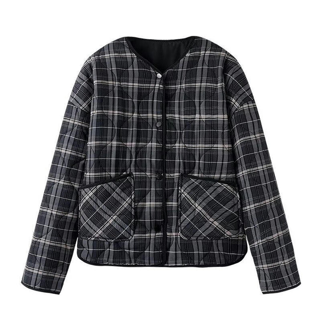 Women's Button Down Quilted Jacket Plaid Print Long Sleeve Lightweight Padded Coat
