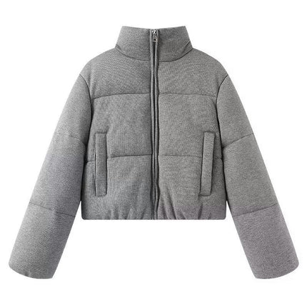 Women's Cropped Knit Puffer Jacket Zip Up Winter Quilted Warm Short Outerwear