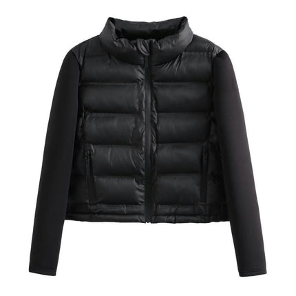 Women' s Cropped Quilted Puffer Jacket Patchwork Long Sleeve Zipper Outerwear Coats