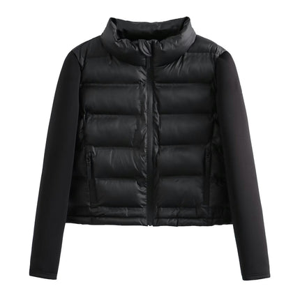 Women' s Cropped Quilted Puffer Jacket Patchwork Long Sleeve Zipper Outerwear Coats