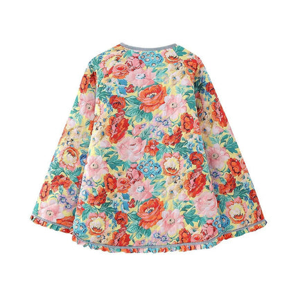 Women's Lightweight Quilted Jacket Padded Floral Print Button Down Coat Outerwear