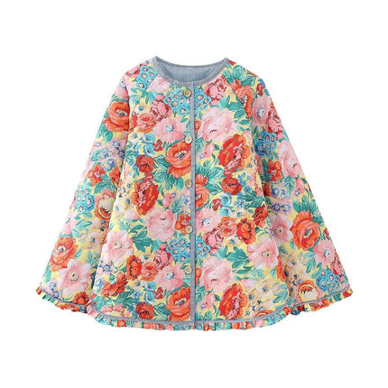 Women's Lightweight Quilted Jacket Padded Floral Print Button Down Coat Outerwear