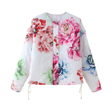 Women's Lightweight Floral Print Quilted Jacket Long Sleeve Padded Button Down Outwear Coat