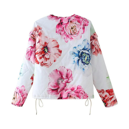 Women's Lightweight Floral Print Quilted Jacket Long Sleeve Padded Button Down Outwear Coat