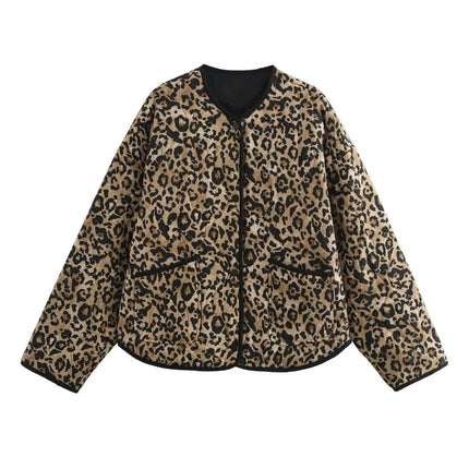 Women's Lightweight Leopard Print Long Sleeve Jacket Padded Quilted Button Down Coat