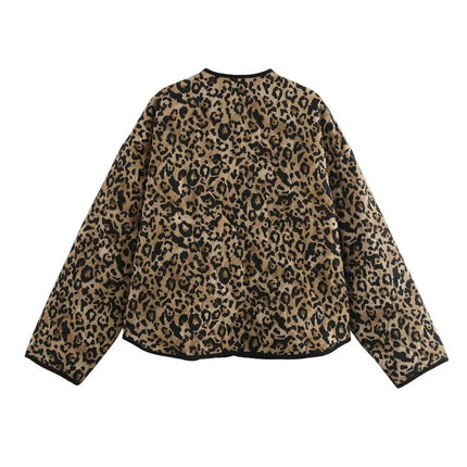 Women's Lightweight Leopard Print Long Sleeve Jacket Padded Quilted Button Down Coat