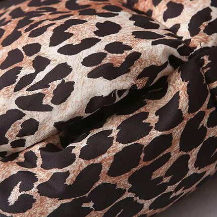Women's Cropped Winter Puffer Jacket Quilted Stand Collar Long Sleeve Leopard Print Zipper Coats