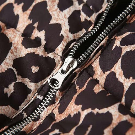 Women's Cropped Winter Puffer Jacket Quilted Stand Collar Long Sleeve Leopard Print Zipper Coats