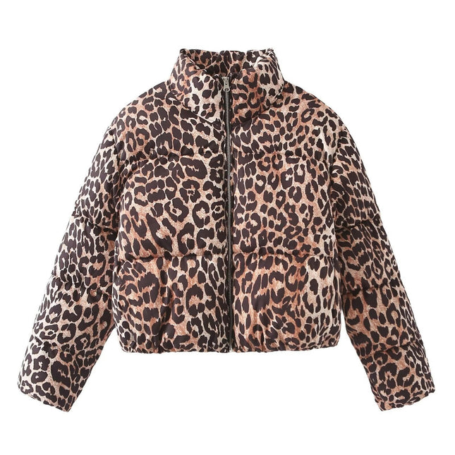 Women's Cropped Winter Puffer Jacket Quilted Stand Collar Long Sleeve Leopard Print Zipper Coats