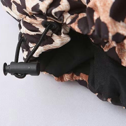Women's Cropped Winter Puffer Jacket Quilted Stand Collar Long Sleeve Leopard Print Zipper Coats
