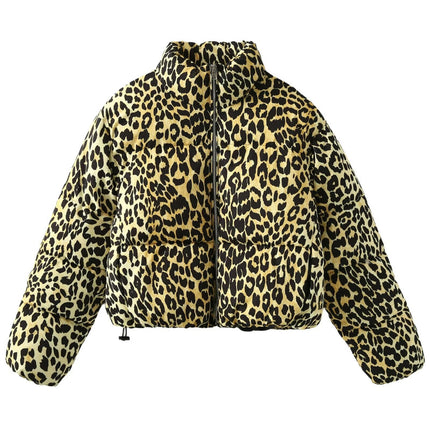 Women's Cropped Winter Puffer Jacket Quilted Stand Collar Long Sleeve Leopard Print Zipper Coats
