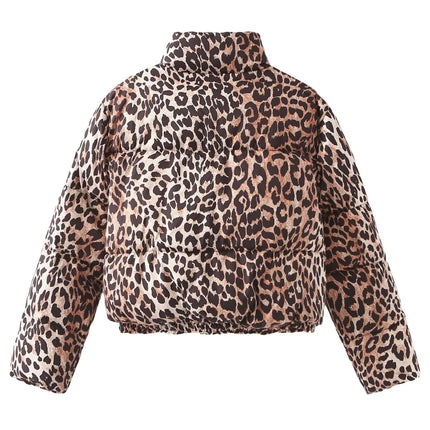 Women's Cropped Winter Puffer Jacket Quilted Stand Collar Long Sleeve Leopard Print Zipper Coats
