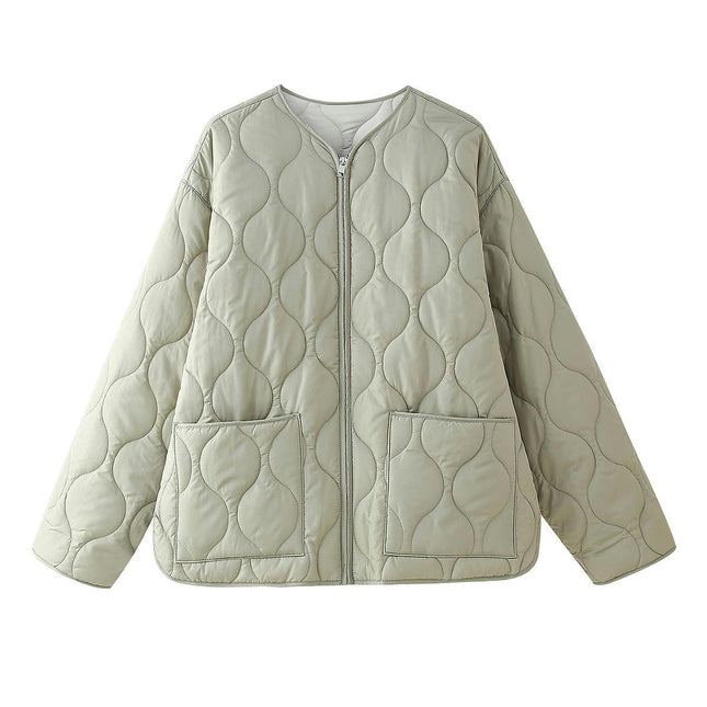 Women's Quilted Jacket Zip-up Collarless Long Sleeve Padded Loose Coat Outwear