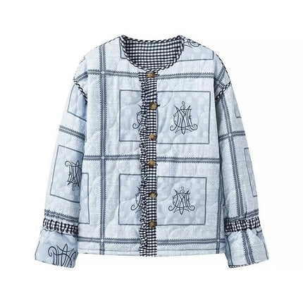 Womens Quilted Jacket Plaid Print Lightweight Coat Button Down Short Padded Outwear