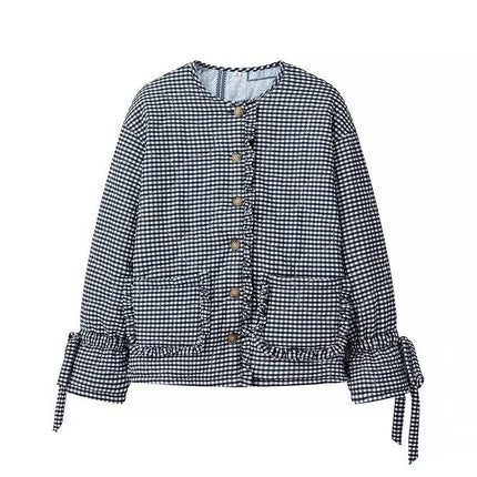 Womens Quilted Jacket Plaid Print Lightweight Coat Button Down Short Padded Outwear