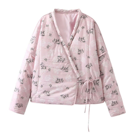 Women's Long Sleeve Quilted Jacket Floral Printed Lightweight Open Front Padded Coats