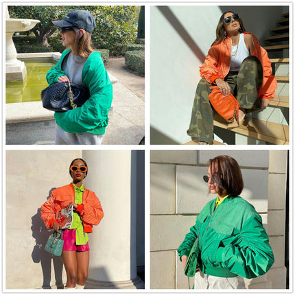 Women's Bomber Jacket Casual Zip Up Winter Fall Coat Fashion Outerwear with Pockets