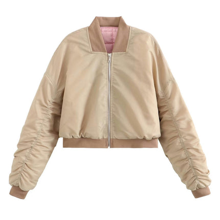 Women Bomber Jacket Zip Up Long Sleeve Casual Coat with Pockets