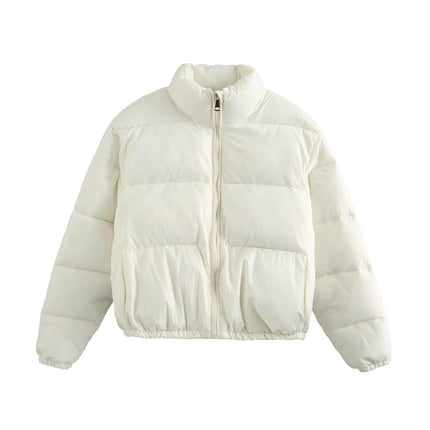 Women's Winter Cropped Puffer Jacket Long Sleeve Stand Collar Zip-Up Short Coat
