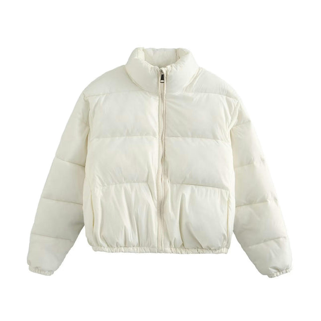 Women's Winter Cropped Puffer Jacket Long Sleeve Stand Collar Zip-Up Short Coat