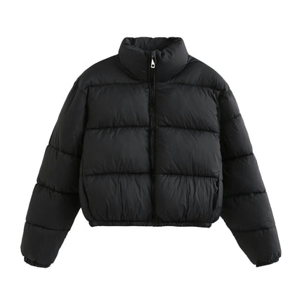 Women's Winter Cropped Puffer Jacket Long Sleeve Stand Collar Zip-Up Short Coat