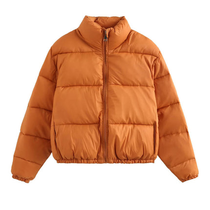 Women's Winter Cropped Puffer Jacket Long Sleeve Stand Collar Zip-Up Short Coat