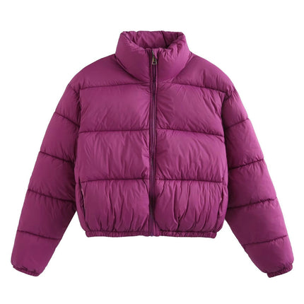 Women's Winter Cropped Puffer Jacket Long Sleeve Stand Collar Zip-Up Short Coat