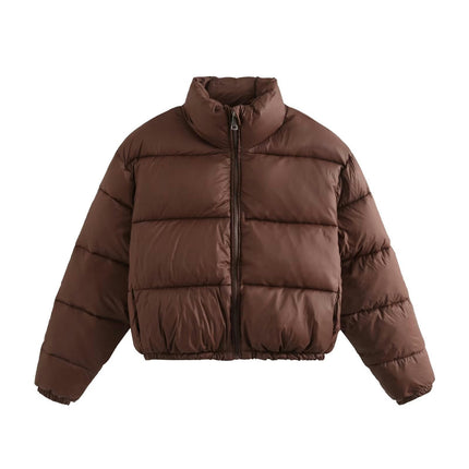 Women's Winter Cropped Puffer Jacket Long Sleeve Stand Collar Zip-Up Short Coat