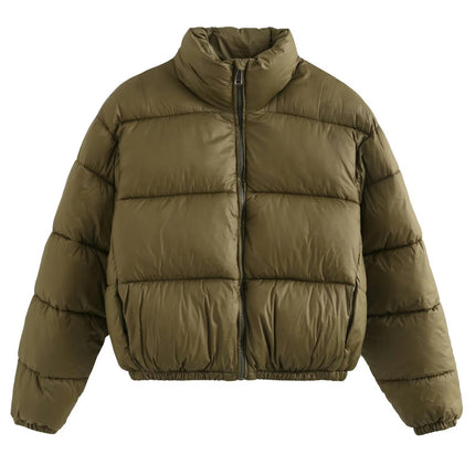 Women's Winter Cropped Puffer Jacket Long Sleeve Stand Collar Zip-Up Short Coat