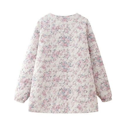 Women's Lightweight Floral Print Jacket Long Sleeve Button Down Padded Quilted Coat