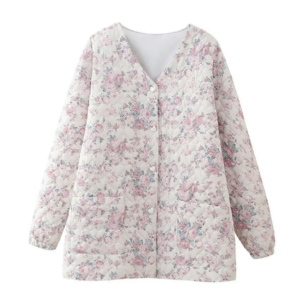 Women's Lightweight Floral Print Jacket Long Sleeve Button Down Padded Quilted Coat