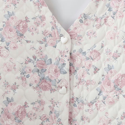 Women's Lightweight Floral Print Jacket Long Sleeve Button Down Padded Quilted Coat