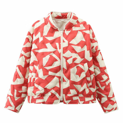 Women's Print Puffer Jacket Long Sleeve Zip Up Padded Stand Collar Winter Cropped Coat