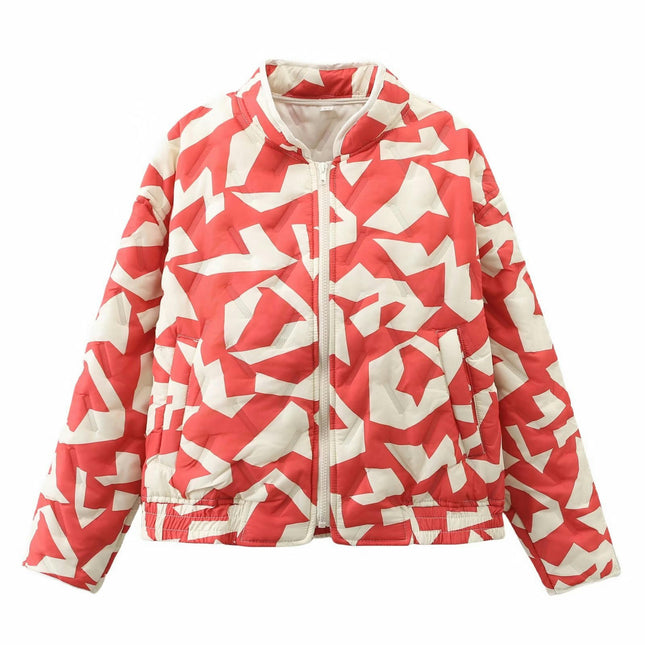 Women's Print Puffer Jacket Long Sleeve Zip Up Padded Stand Collar Winter Cropped Coat