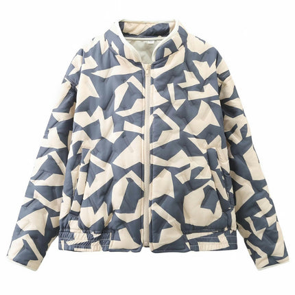 Women's Print Puffer Jacket Long Sleeve Zip Up Padded Stand Collar Winter Cropped Coat