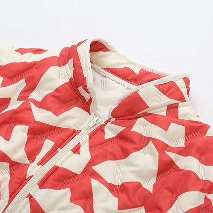 Women's Print Puffer Jacket Long Sleeve Zip Up Padded Stand Collar Winter Cropped Coat