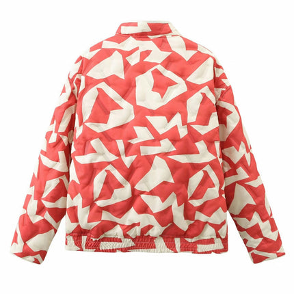 Women's Print Puffer Jacket Long Sleeve Zip Up Padded Stand Collar Winter Cropped Coat