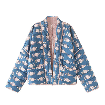 Women's Cropped Quilted Jacket Vintage Floral Print Open Front Cardigans Coats