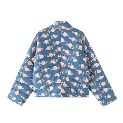 Women's Cropped Quilted Jacket Vintage Floral Print Open Front Cardigans Coats