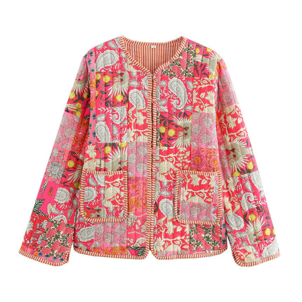 Womens Floral Printed Trendy Quilted Jacket Lightweight Button Up Long Sleeve Coat