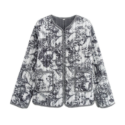 Womens Floral Printed Trendy Quilted Jacket Lightweight Button Up Long Sleeve Coat