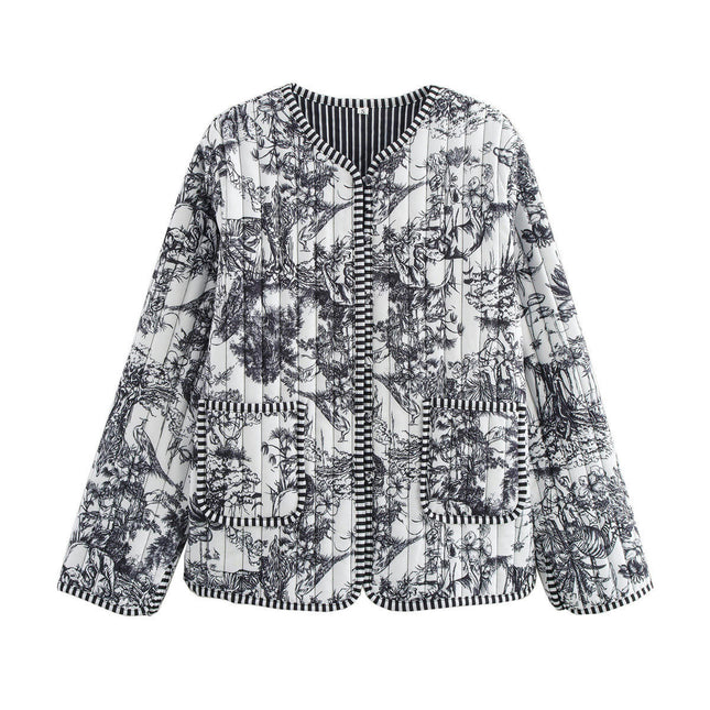 Womens Floral Printed Trendy Quilted Jacket Lightweight Button Up Long Sleeve Coat