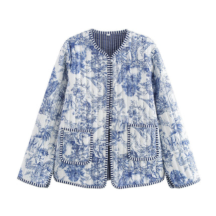 Womens Floral Printed Trendy Quilted Jacket Lightweight Button Up Long Sleeve Coat