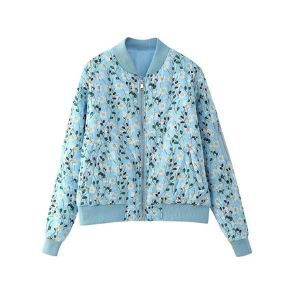 Women's Casual Floral Zip Up Bomber Jacket Coat Lightweight Short Outwear