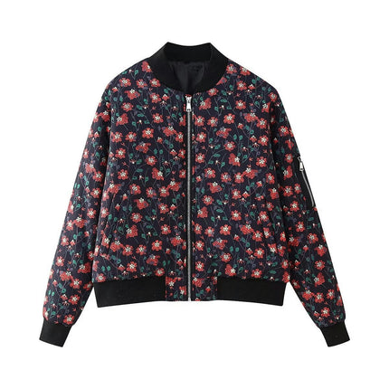 Women's Casual Floral Zip Up Bomber Jacket Coat Lightweight Short Outwear