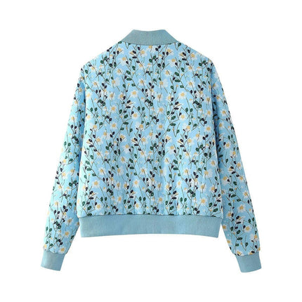 Women's Casual Floral Zip Up Bomber Jacket Coat Lightweight Short Outwear