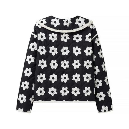 Women Lightweight Quilted Jacket Floral Print Padded Tie Open Front Coat Winter Lapel Outwear