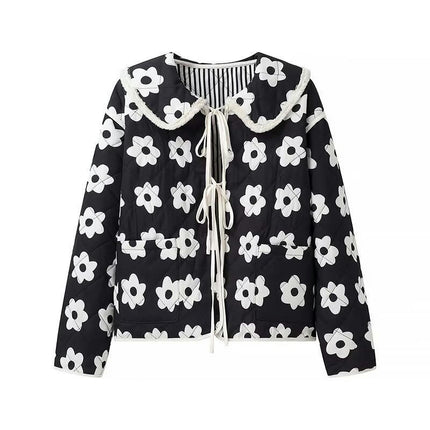 Women Lightweight Quilted Jacket Floral Print Padded Tie Open Front Coat Winter Lapel Outwear