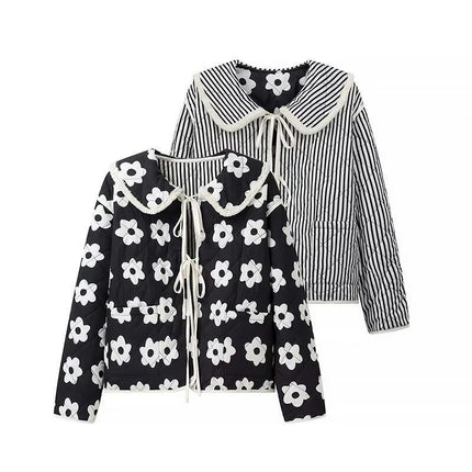 Women Lightweight Quilted Jacket Floral Print Padded Tie Open Front Coat Winter Lapel Outwear