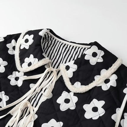 Women Lightweight Quilted Jacket Floral Print Padded Tie Open Front Coat Winter Lapel Outwear